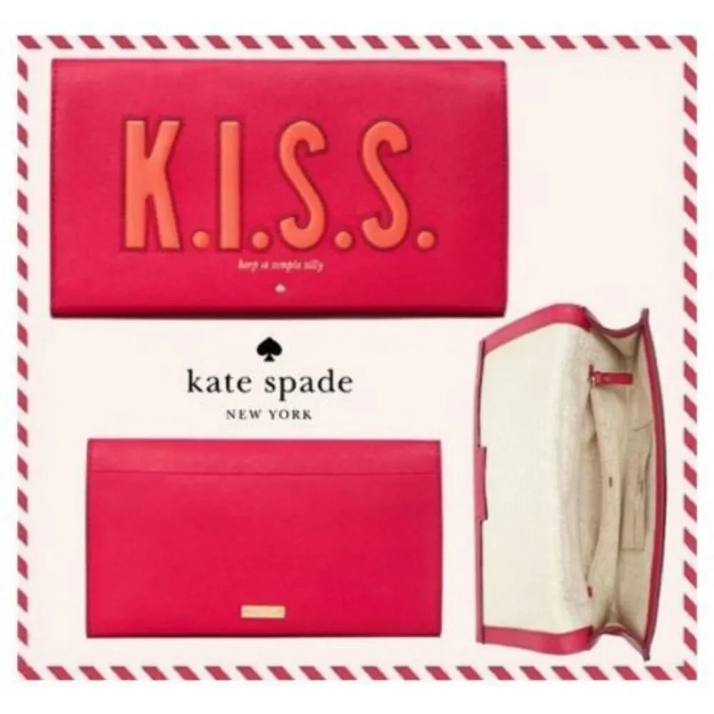 Kate Spade Kiss Tally Clutch Pink Leather Foldover Love Birds Bag